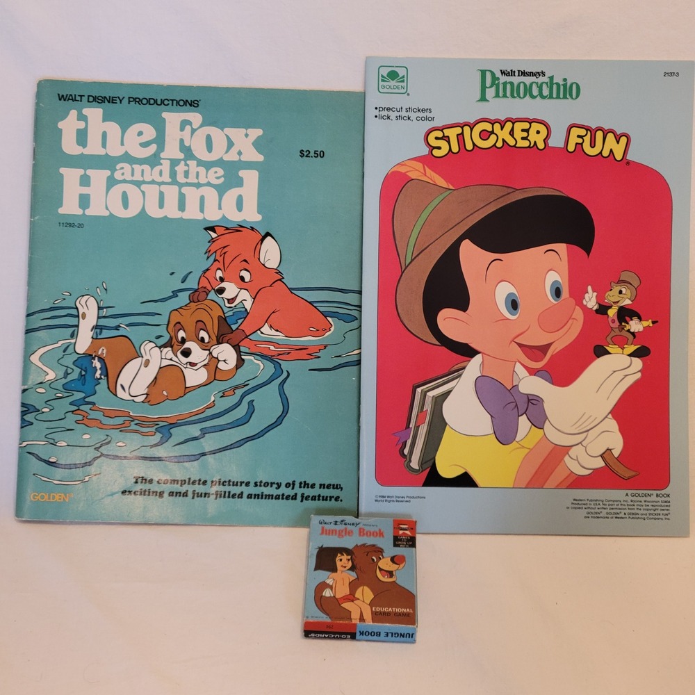 Disney Vintage Book Game Lot Fox Hound Pinocchio Jungle Book 1960s 1980s Retro‎